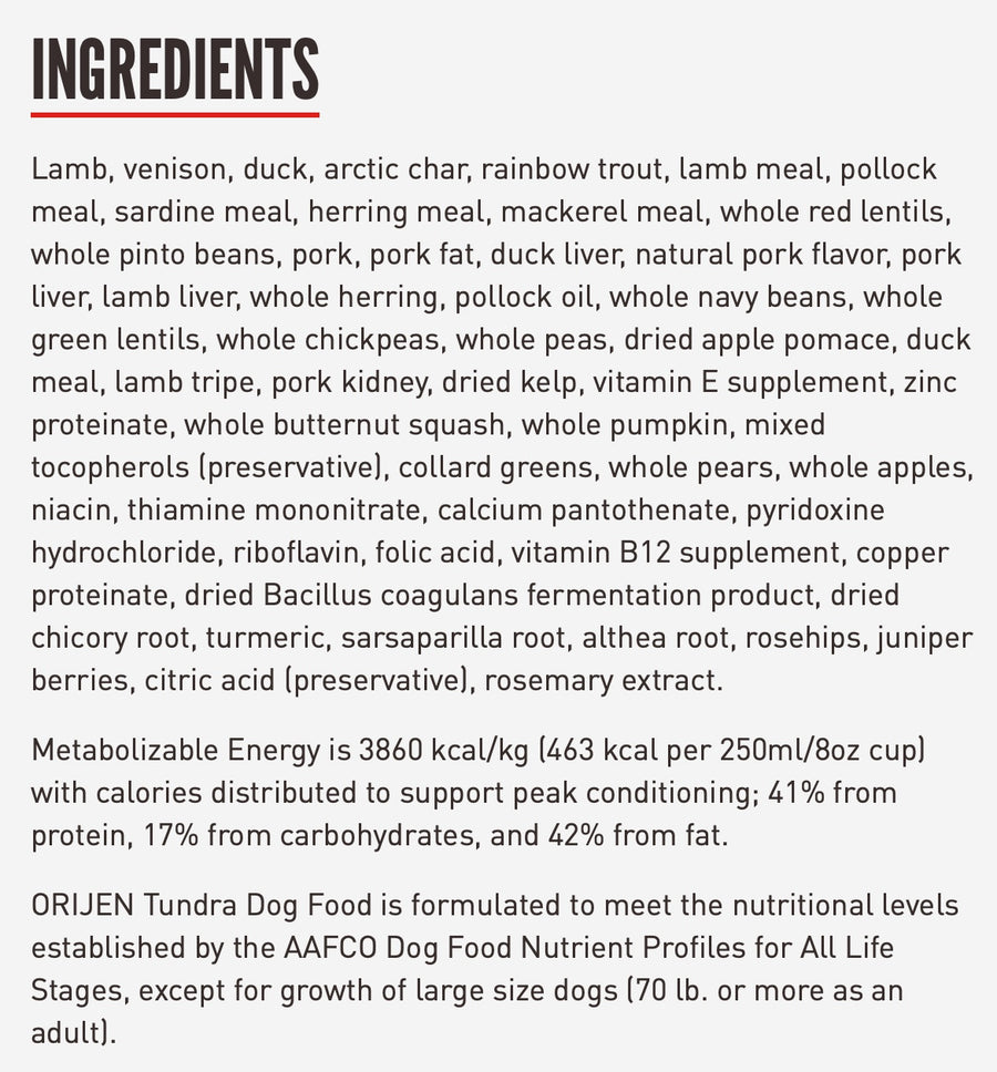 Ingredients for ORIJEN Tundra Dry Dog Food.