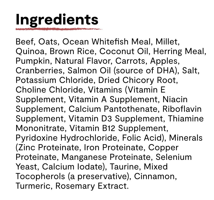 Ingredients list for Open Farm Beef and Ancient Grains Dry Dog Food.