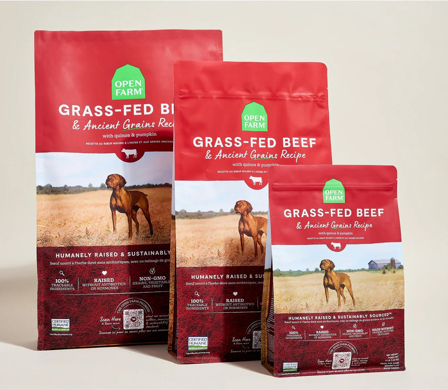 Open Farm Beef and Ancient Grains Dry Dog Food different sizes.