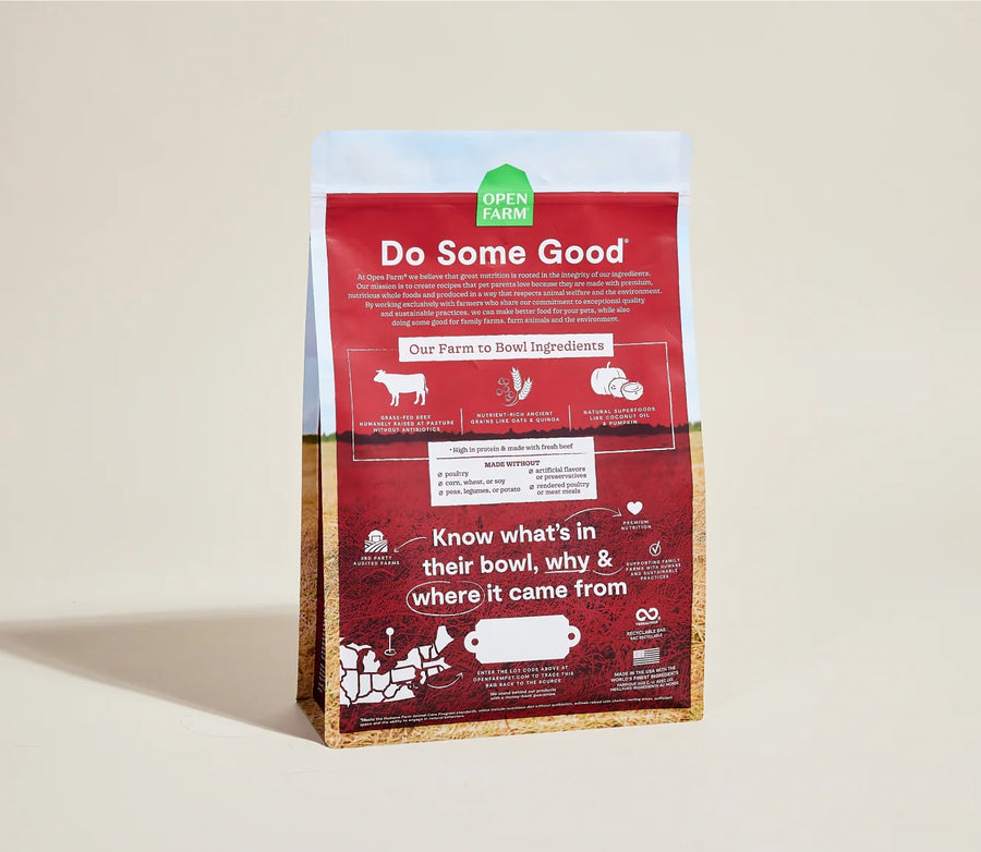 Open Farm Beef and Ancient Grains Dry Dog Food back of bag.