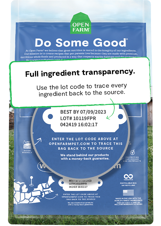 Open Farm Catch-of-the-Season Whitefish Grain Free Dry Cat Food, Back of bag showing full ingredient transparency