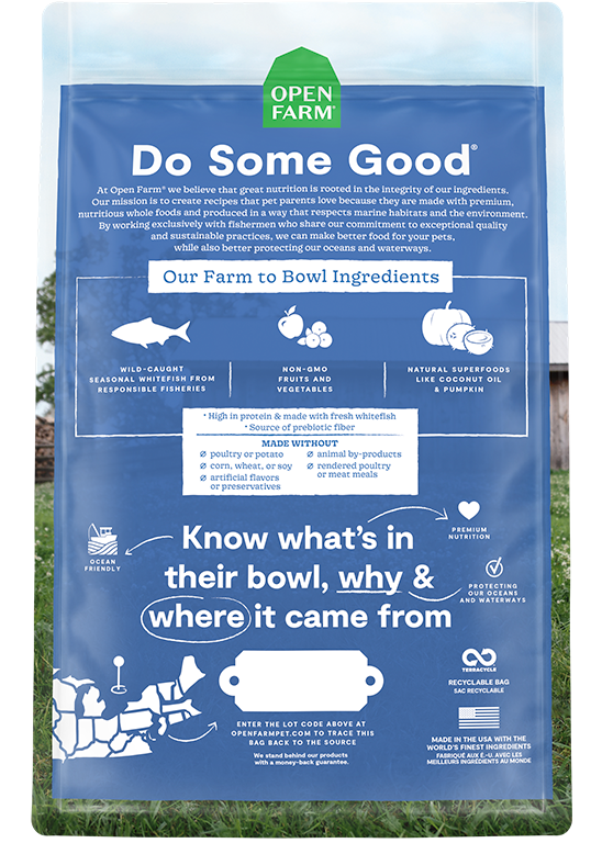 Open Farm Catch-of-the-Season Whitefish Grain Free Dry Cat Food, Back of bag