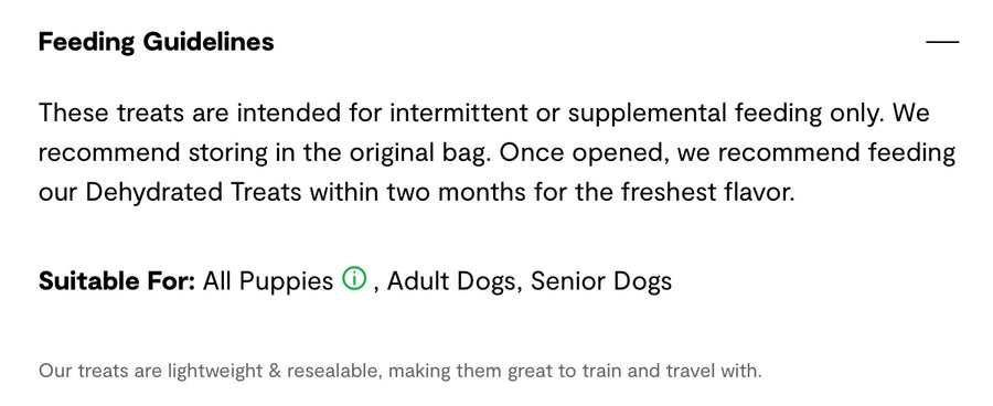 Feeding Guidelines for Open Farm Dehydrated Beef Dog Treats.