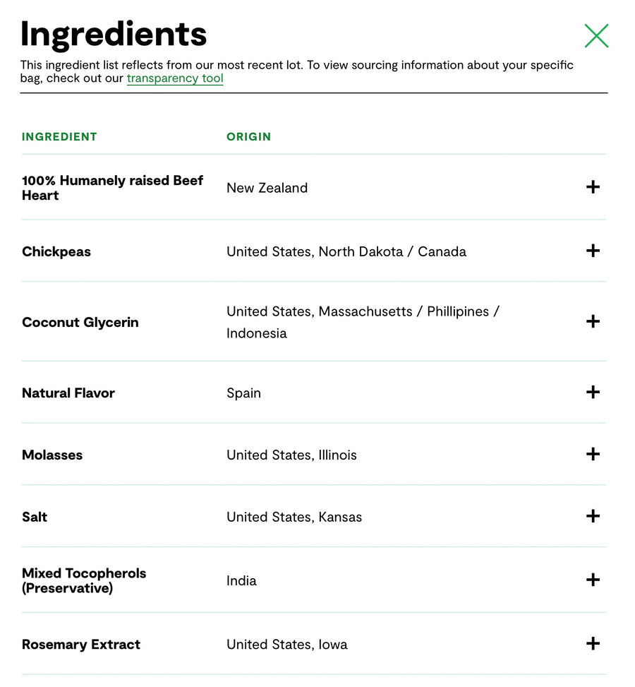 Ingredients list for Open Farm Dehydrated Beef Dog Treats.