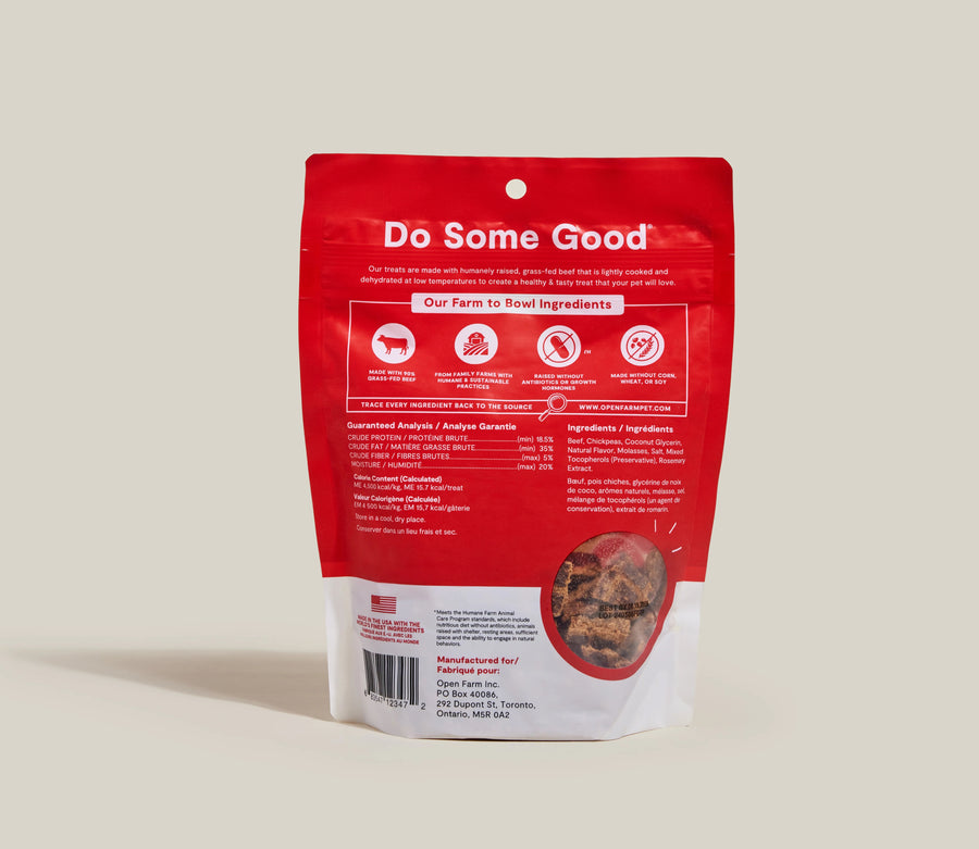 Open Farm Dehydrated Beef Dog Treats back of bag.
