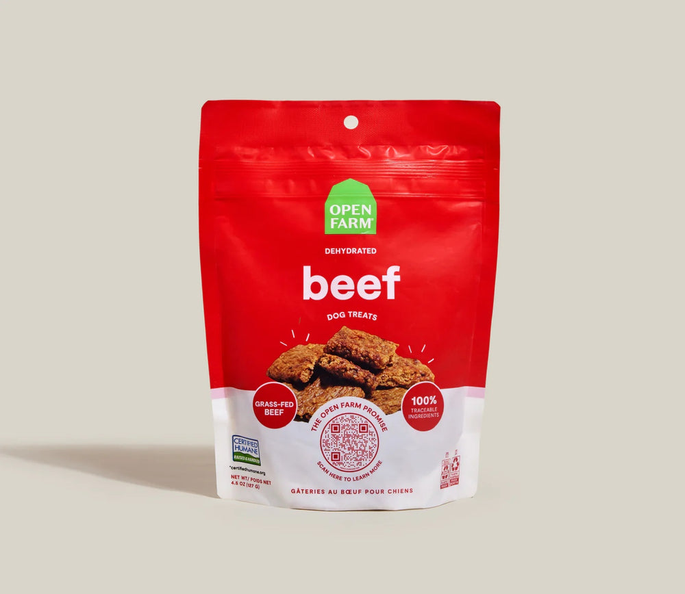 Open Farm Dehydrated Beef Dog Treats front of bag.