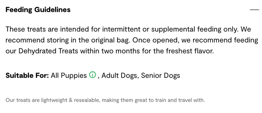Feeding Guidelines for Open Farm Dehydrated Chicken Dog Treats.