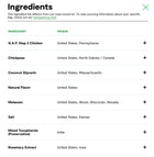 Ingredients list for Open Farm Dehydrated Chicken Dog Treats.