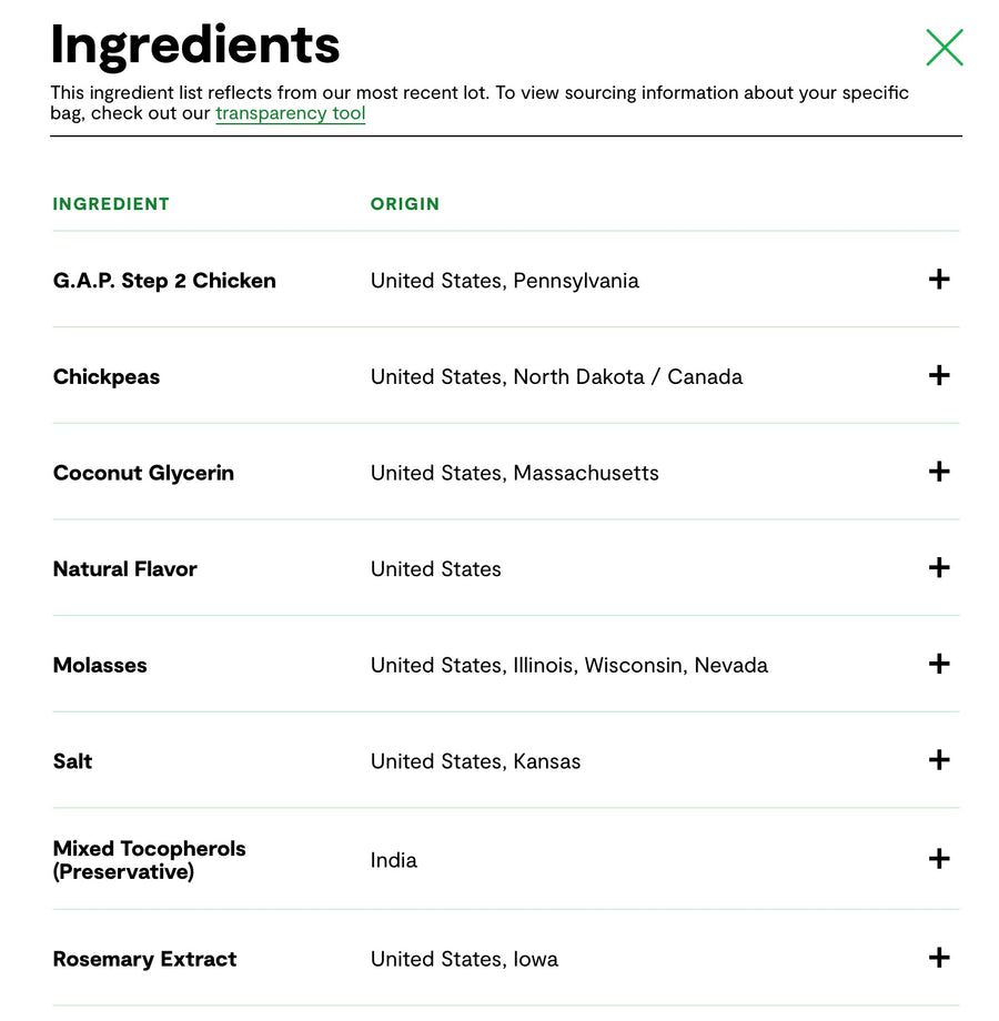 Ingredients list for Open Farm Dehydrated Chicken Dog Treats.