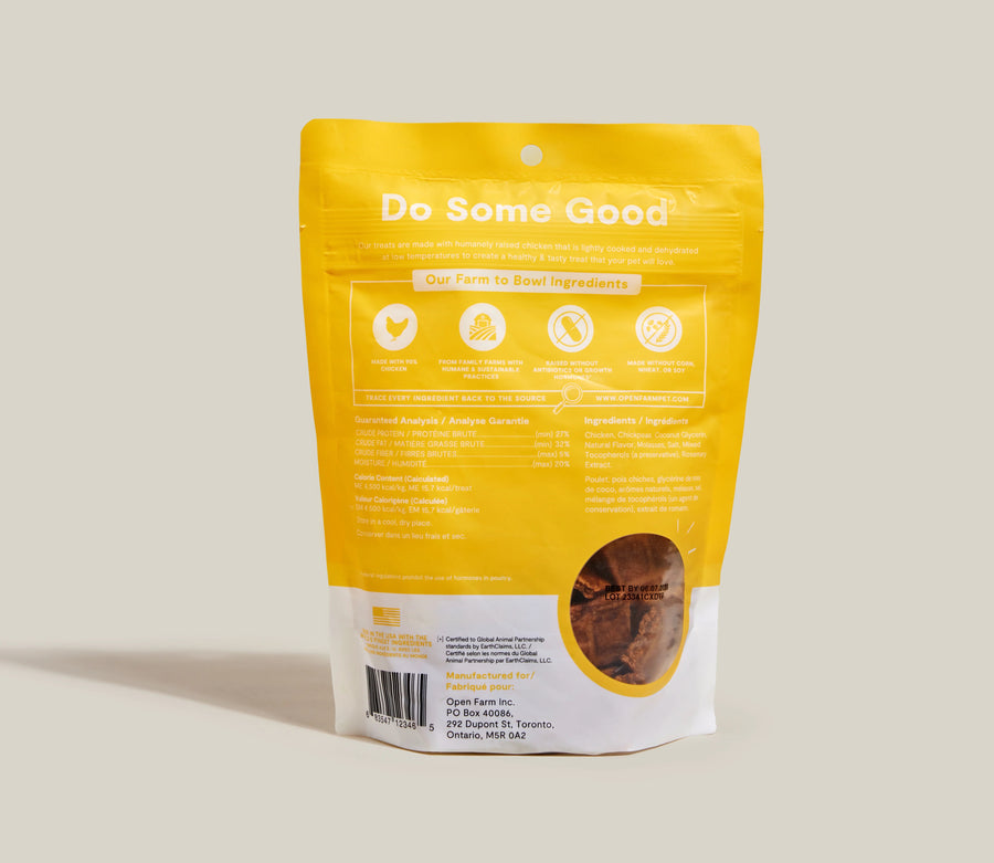 Open Farm Dehydrated Chicken Dog Treats back of bag.