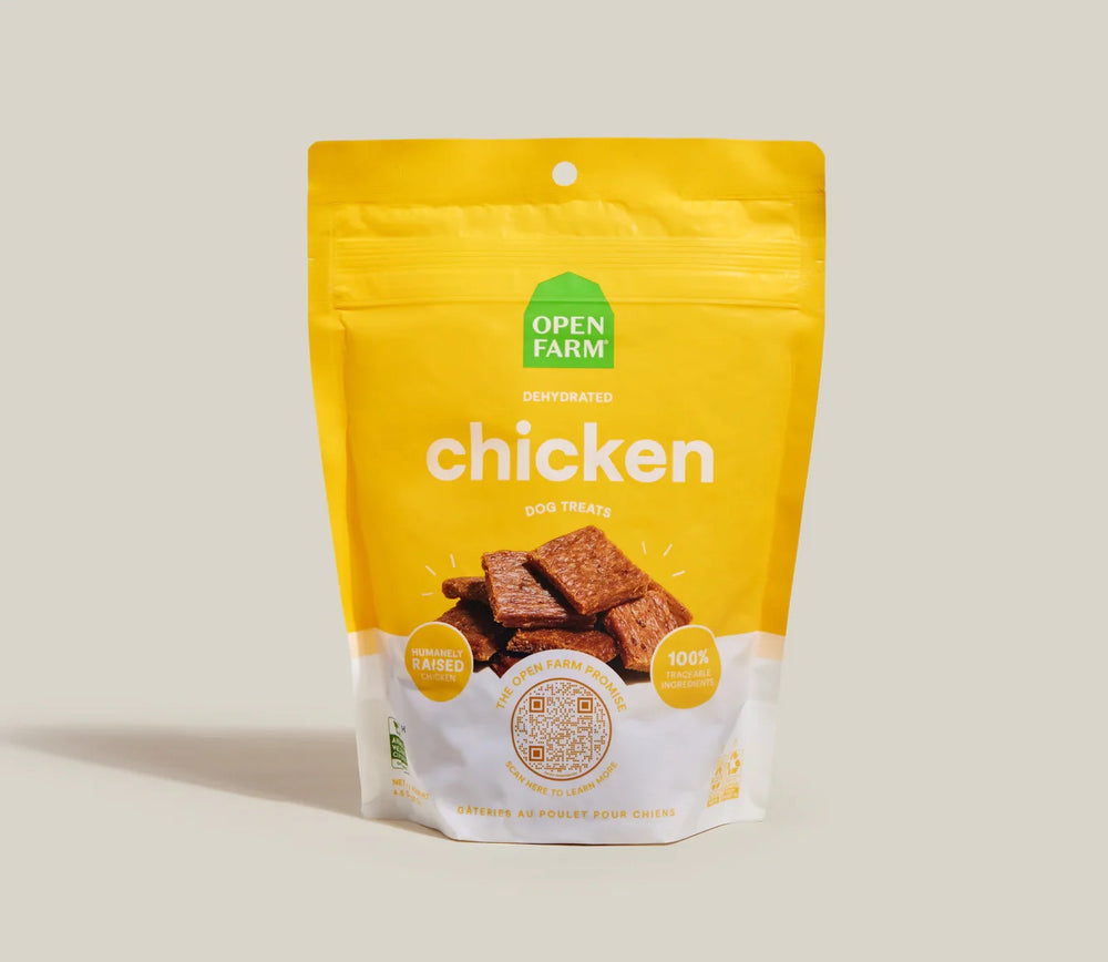 Open Farm Dehydrated Chicken Dog Treats front of bag.