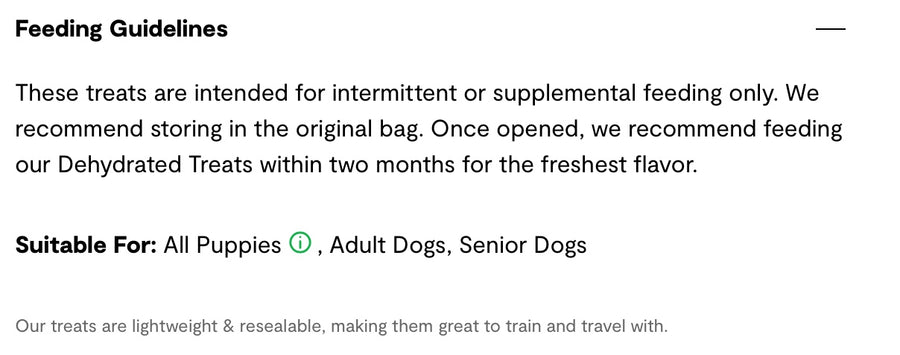 Feeding Guidelines for Open Farm Dehydrated Cod Skins Dog Treats.