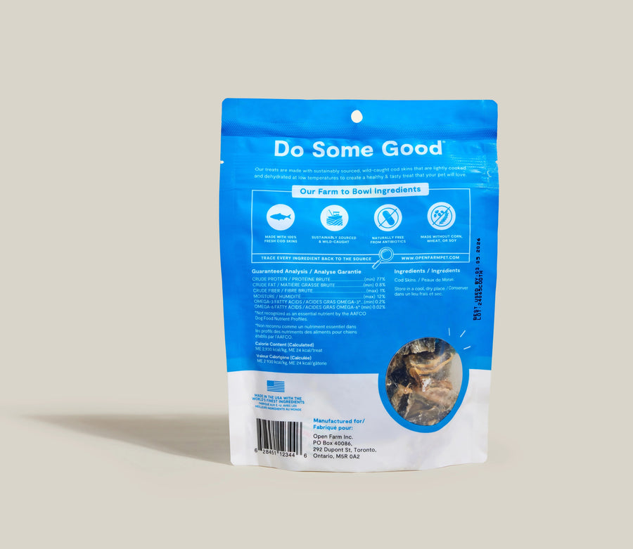 Open Farm Dehydrated Cod Skins Dog Treats back of bag.
