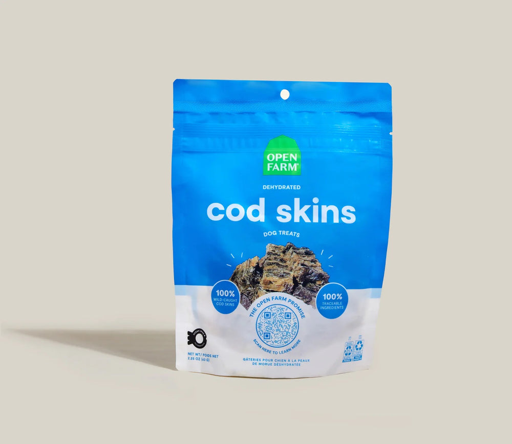 Open Farm Dehydrated Cod Skins Dog Treats front of bag.