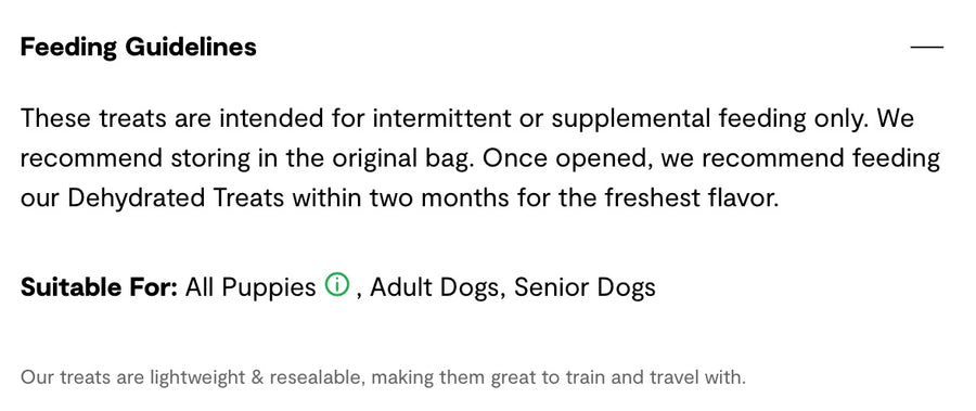 Feeding Guidelines for Open Farm Dehydrated Pork Dog Treats.