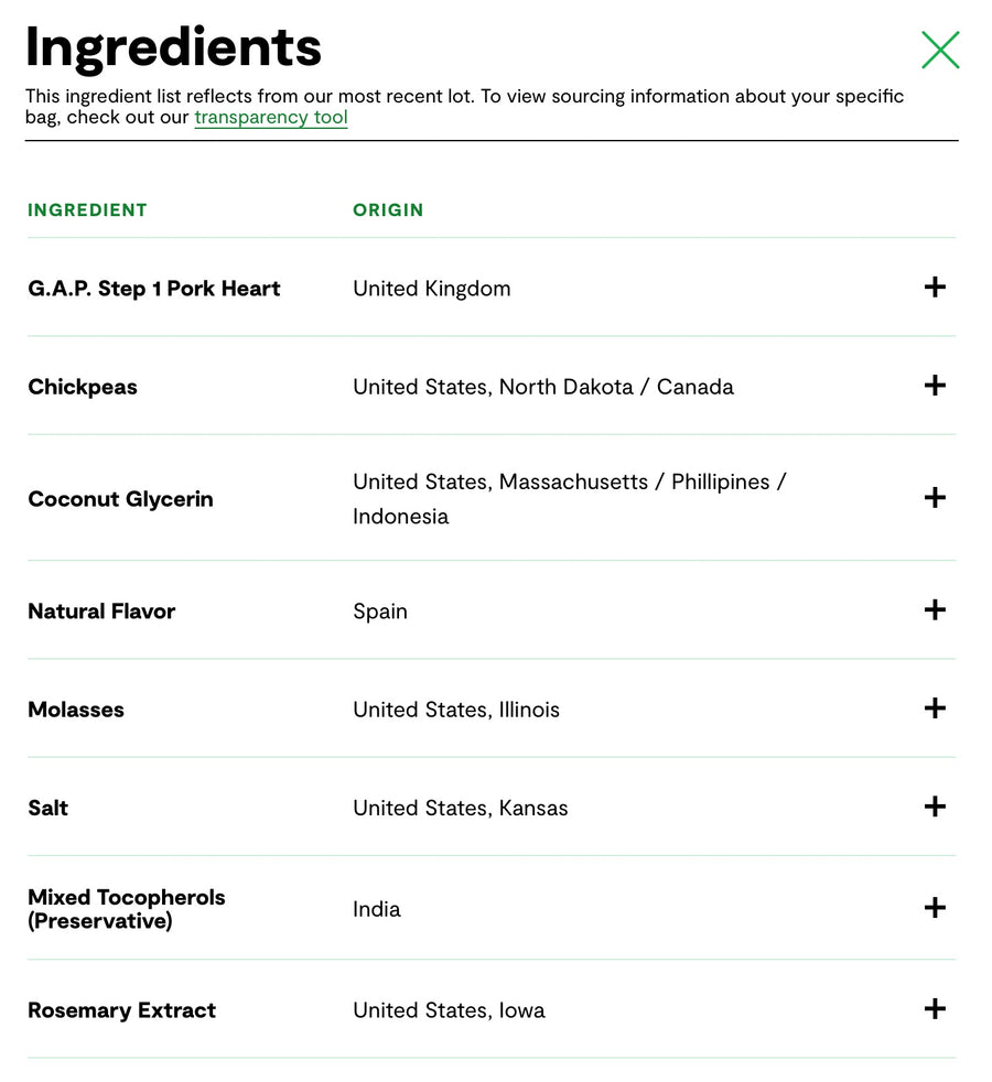 Ingredients list for Open Farm Dehydrated Pork Dog Treats.