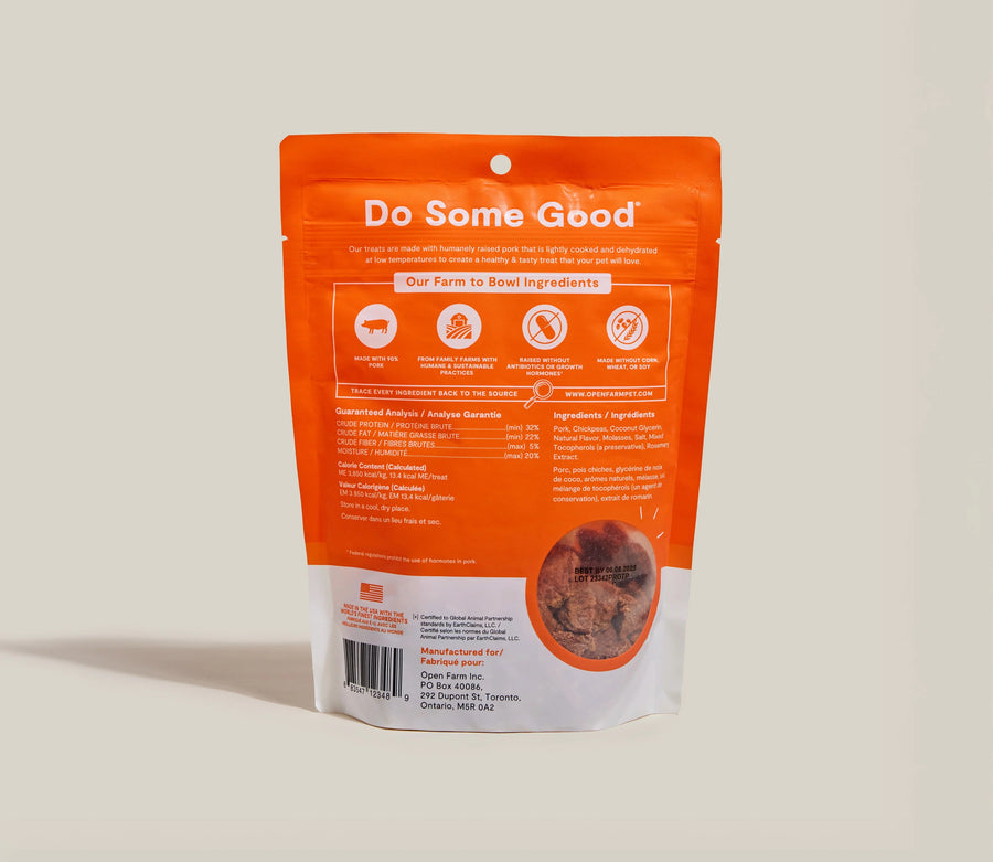 Open Farm Dehydrated Pork Dog Treats back of bag.