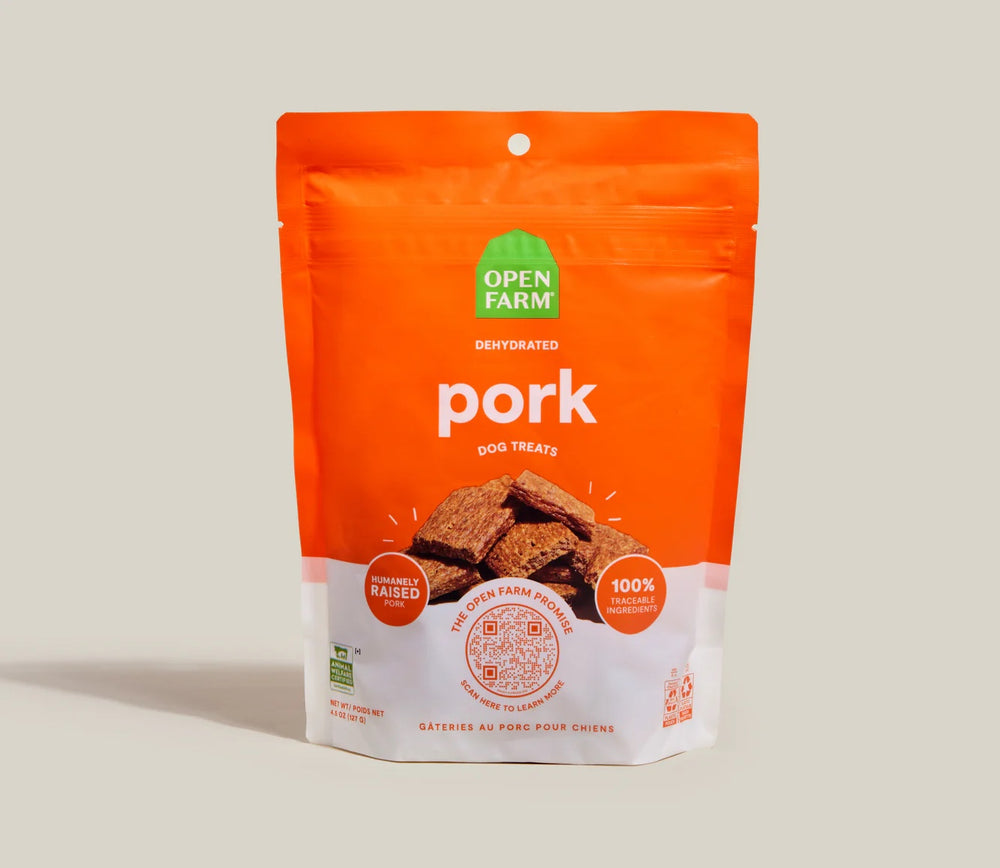 Open Farm Dehydrated Pork Dog Treats front of bag.