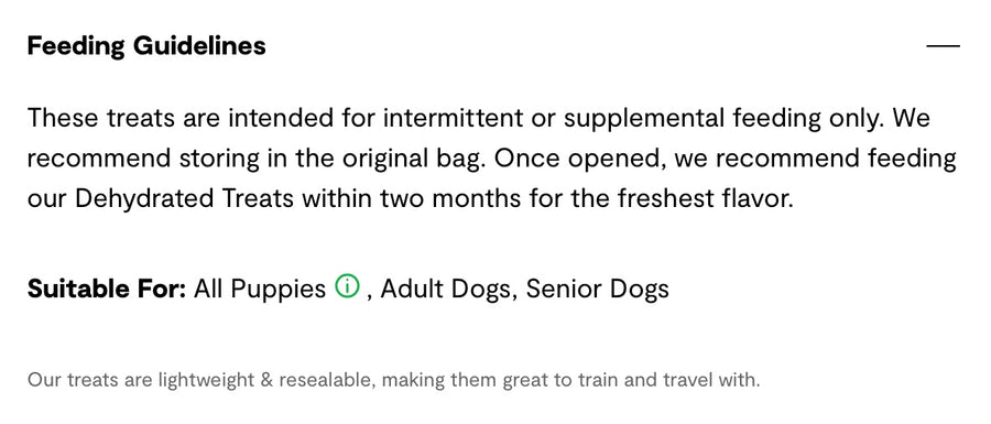 Feeding Guidelines for Open Farm Dehydrated Turkey Dog Treats.