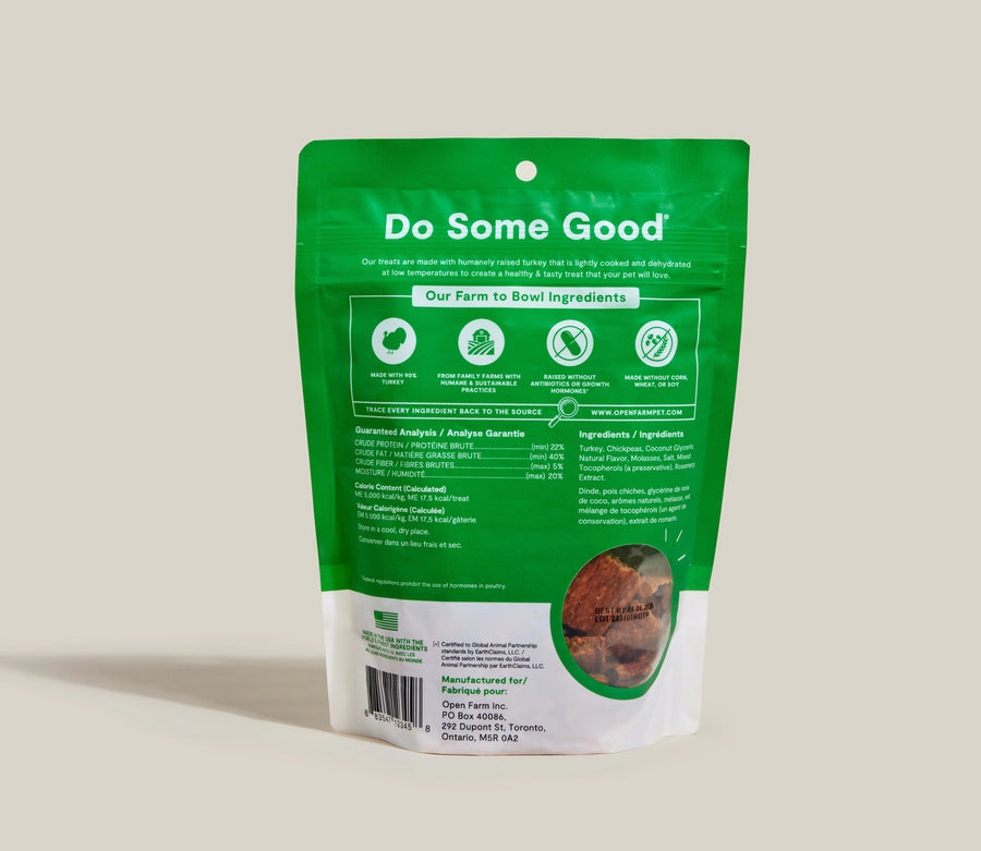 Open Farm Dehydrated Turkey Dog Treats back of bag.
