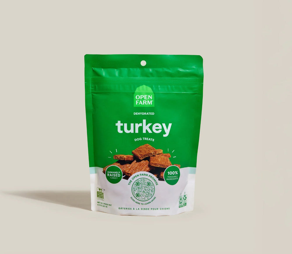 Open Farm Dehydrated Turkey Dog Treats front of bag.