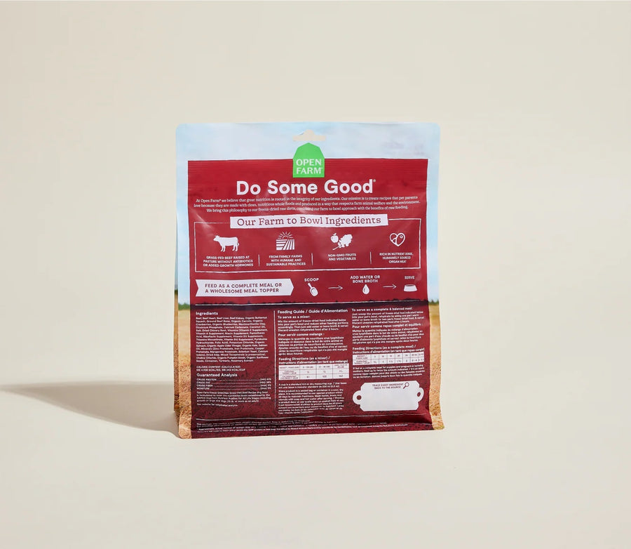 Open Farm Freeze Dried Raw Grass-Fed Beef Morsels For Dogs back of bag.