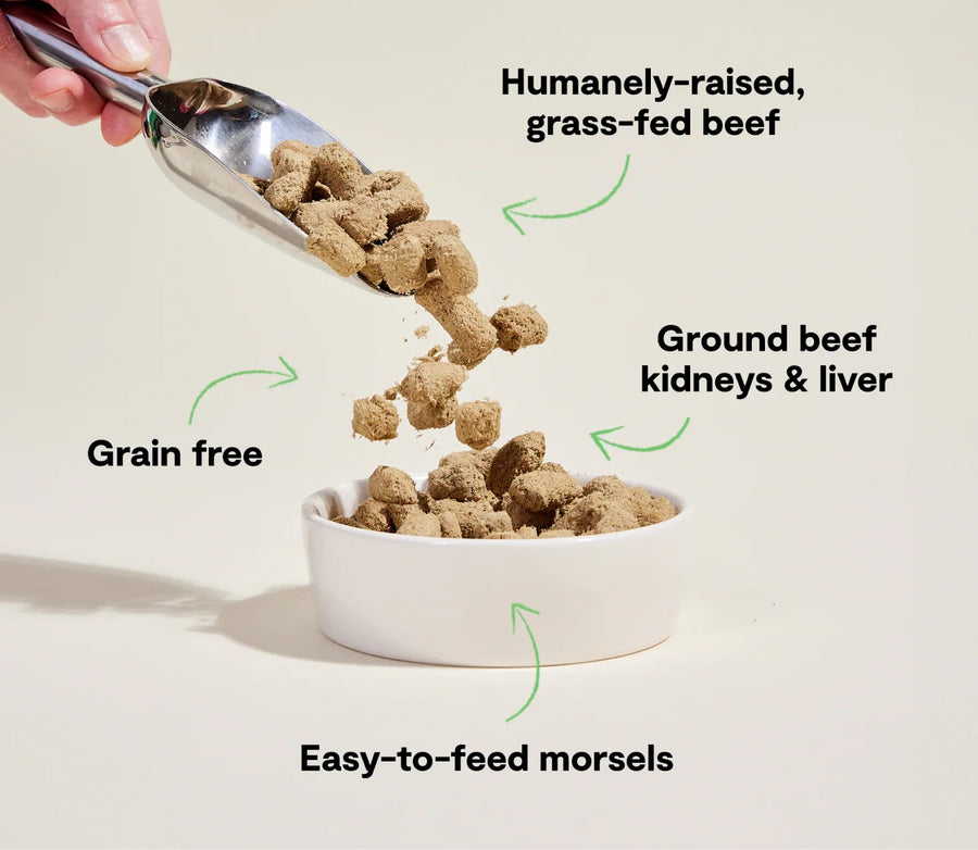 *Humanely-raised grass-fed beef
*Ground beef kidneys & liver
*Grain free
*Easy-to-feed morsels