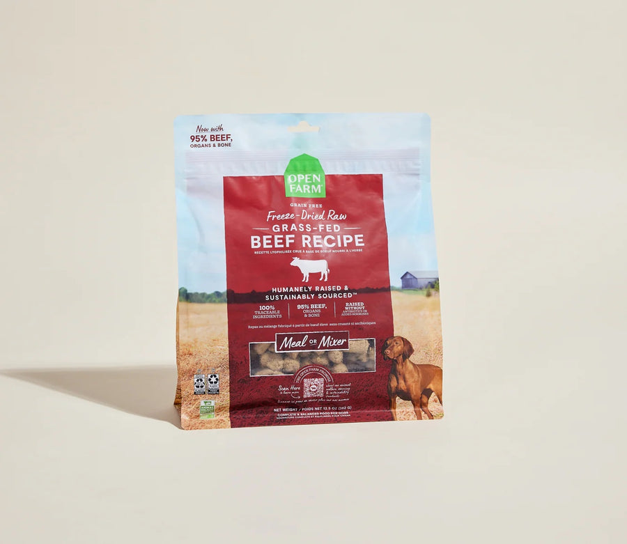Open Farm Freeze Dried Raw Grass-Fed Beef Morsels For Dogs front of bag.