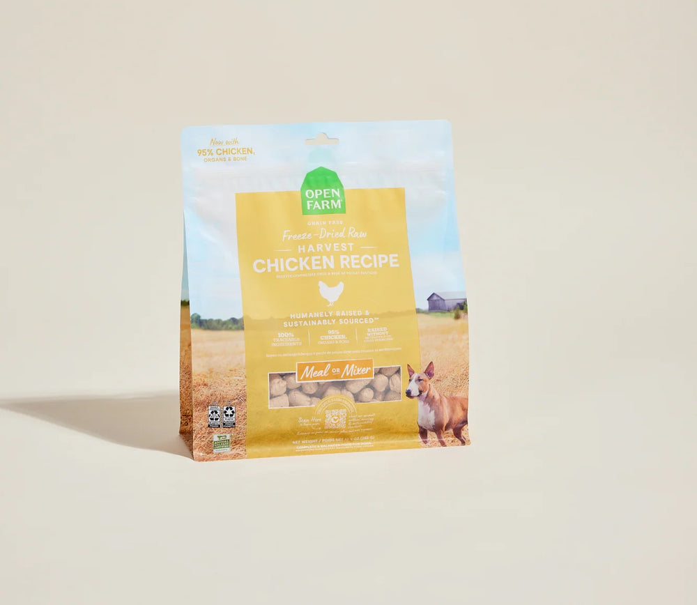 Open Farm Freeze Dried Raw Harvest Chicken Morsels For Dogs front of bag.