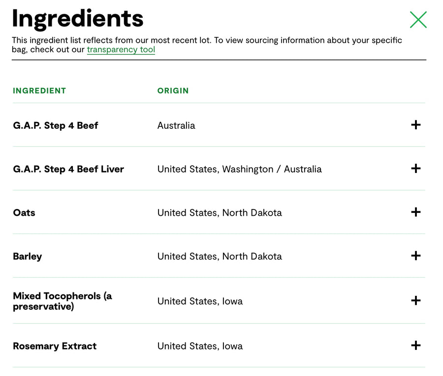 Ingredients list for Open Farm Goodbowl Beef Recipe Freeze Dried Raw Topper for Dogs.