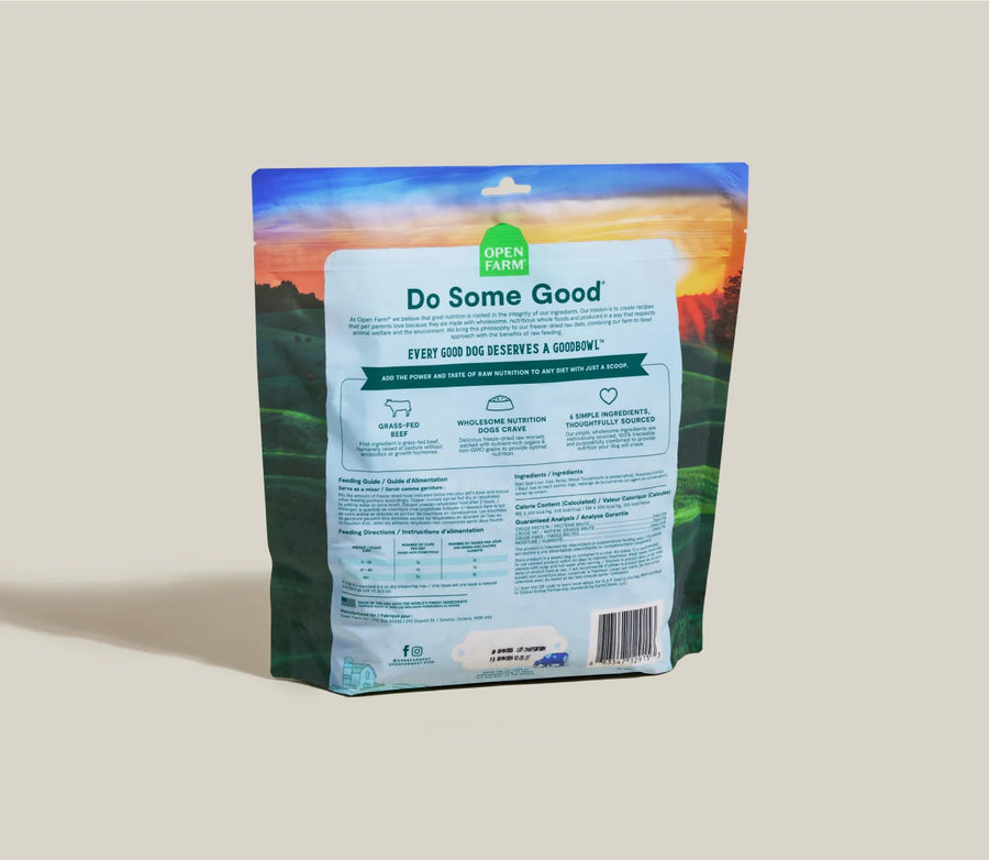 Open Farm Goodbowl Beef Recipe Freeze Dried Raw Topper for Dogs back of bag.