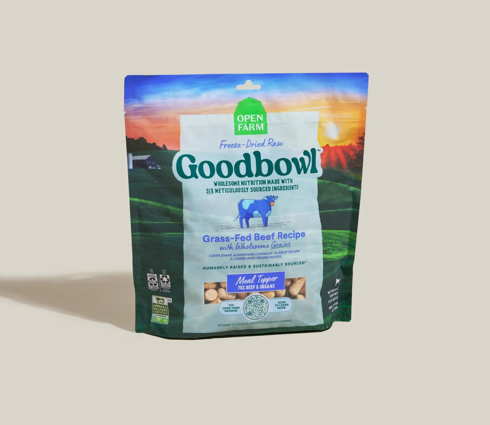 Open Farm Goodbowl Beef Recipe Freeze Dried Raw Topper for Dogs front of bag.