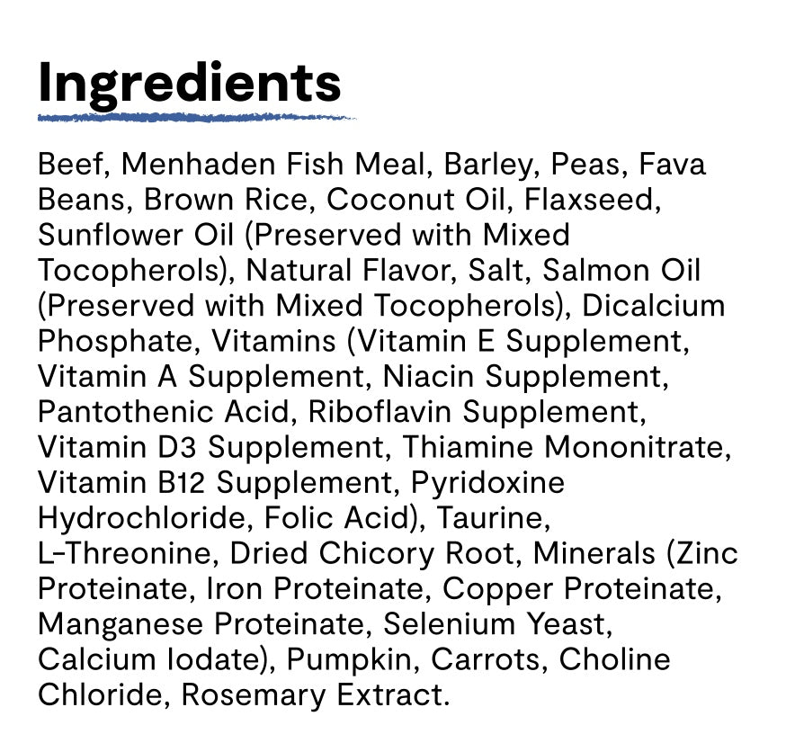 Ingredients list for Open Farm Goodbowl Grass-Fed Beef and Brown Rice Recipe Dry Dog Food.