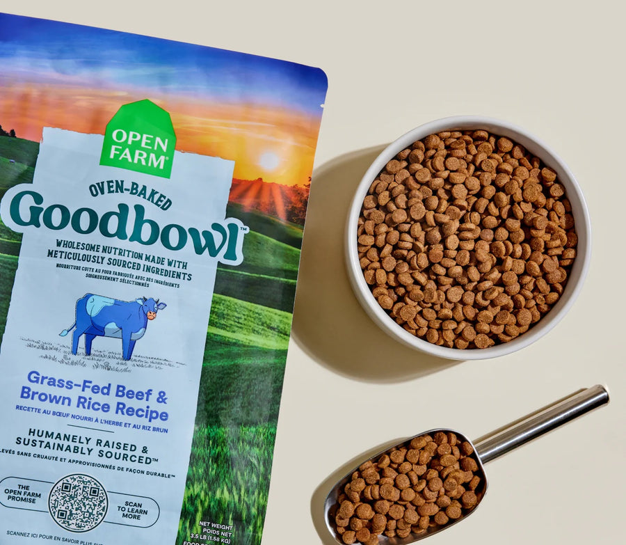 Open Farm Goodbowl Grass-Fed Beef and Brown Rice Recipe Dry Dog Food Serving.