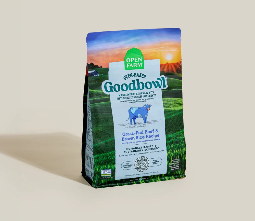 Open Farm Goodbowl Grass-Fed Beef and Brown Rice Recipe Dry Dog Food front of bag.