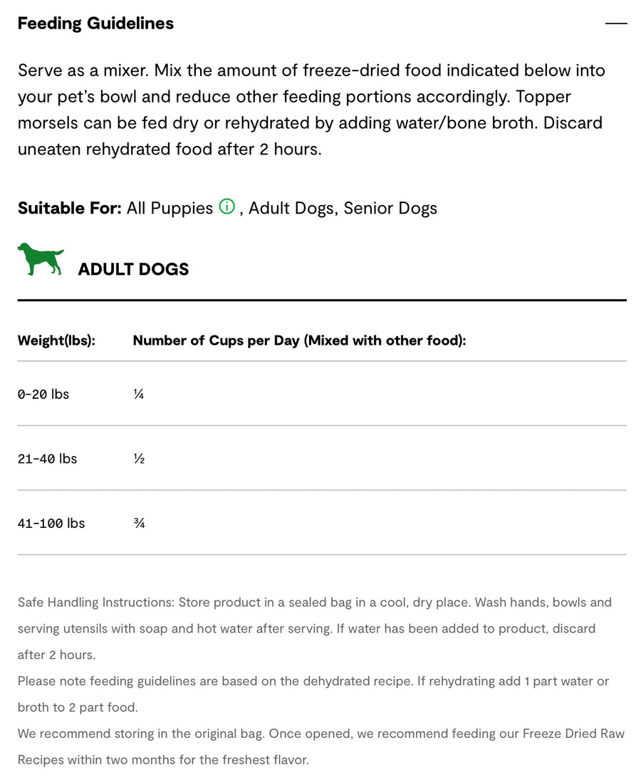Feeding Guidelines for Open Farm Goodbowl Harvest Chicken Recipe Freeze Dried Raw Topper for Dogs.
