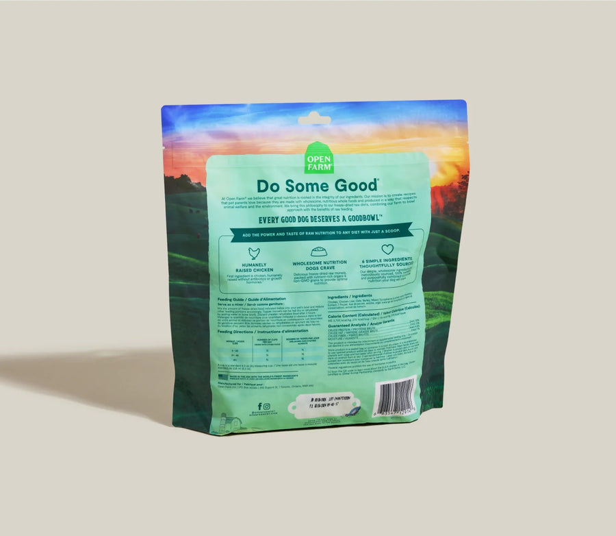 Open Farm Goodbowl Harvest Chicken Recipe Freeze Dried Raw Topper for Dogs back of bag.