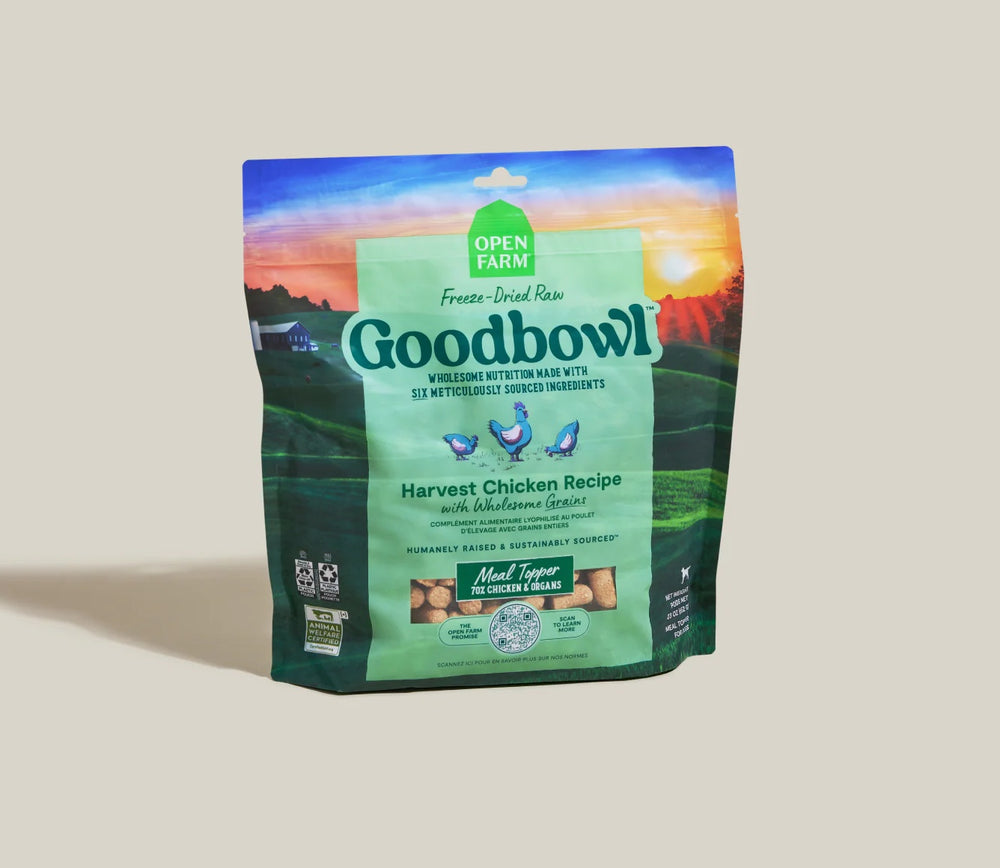 Open Farm Goodbowl Harvest Chicken Recipe Freeze Dried Raw Topper for Dogs front of bag.
