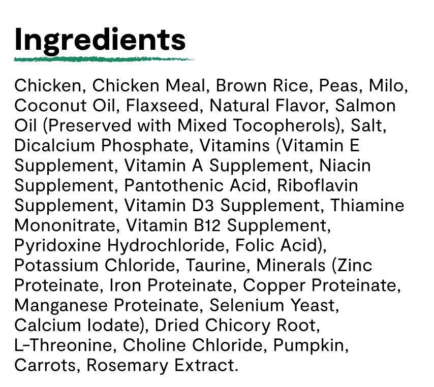Ingredients list for Open Farm Goodbowl Harvest Chicken and Brown Rice Recipe Dry Dog Food.