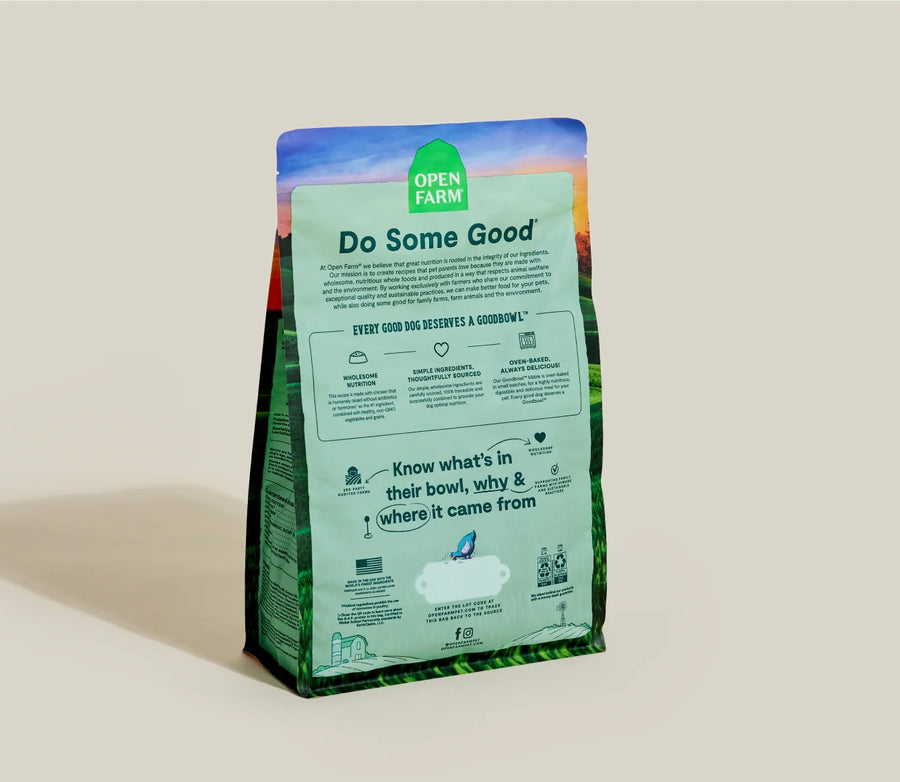 Open Farm Goodbowl Harvest Chicken and Brown Rice Recipe Dry Dog Food back of bag.