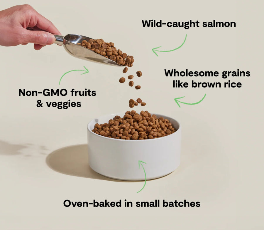 *Wild-caught salmon
*Wholesome grains like brown rice
*Non-GMO fruits and veggies
*Oven-baked in small batches.