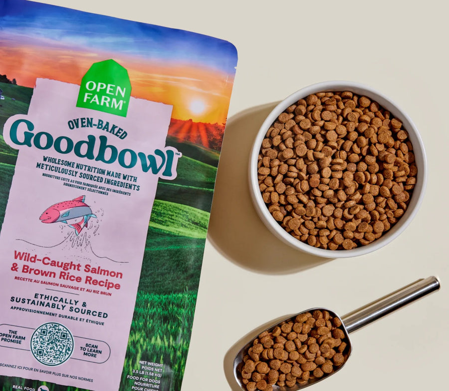 Open Farm Goodbowl Wild-Caught Salmon and Brown Rice Recipe Dry Dog Food Serving.