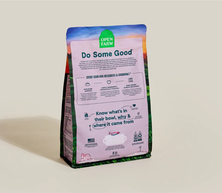 Open Farm Goodbowl Wild-Caught Salmon and Brown Rice Recipe Dry Dog Food back of bag.