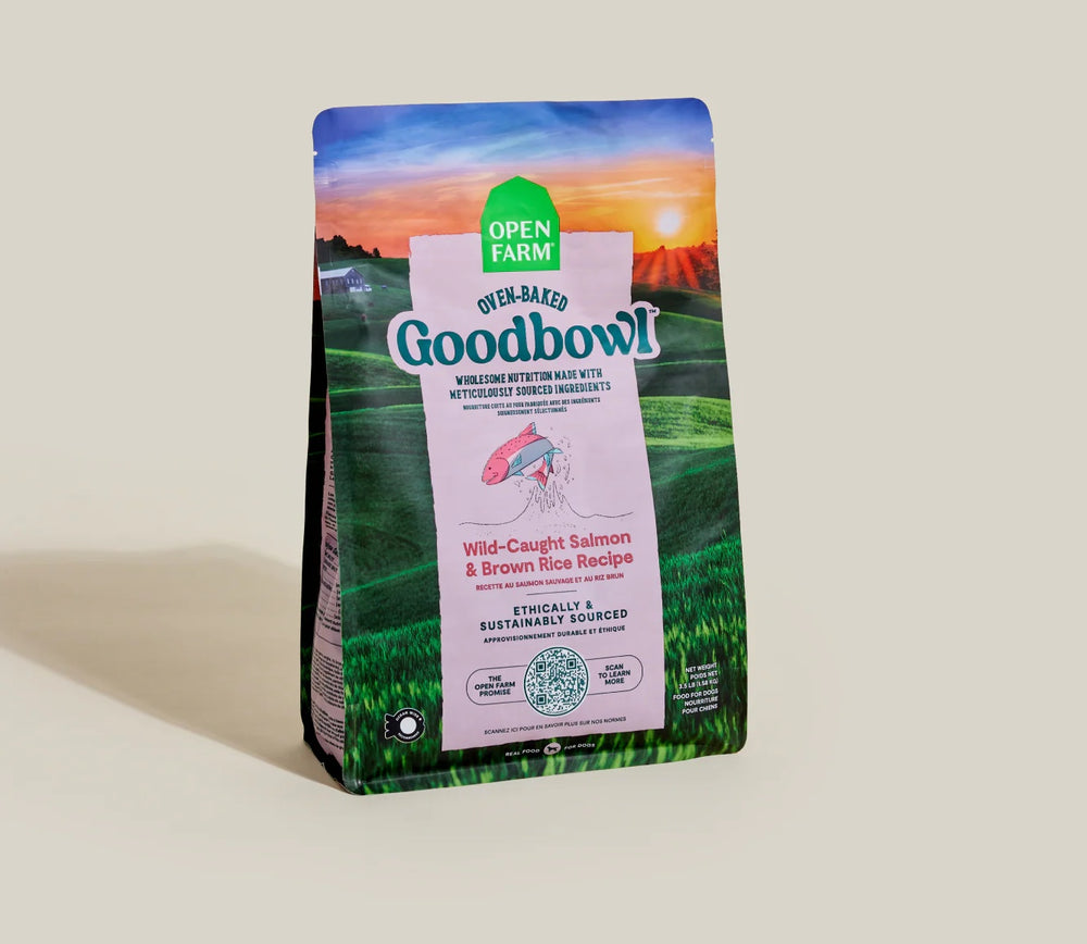 Open Farm Goodbowl Wild-Caught Salmon and Brown Rice Recipe Dry Dog Food front of bag.