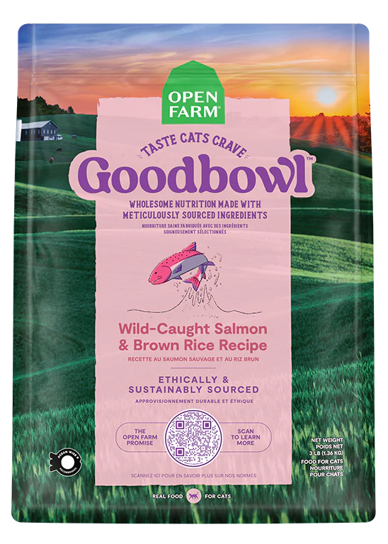 Front pouch of Open Farm Goodbowl Wild Caught Salmon & Brown Rice Recipe Cat Food