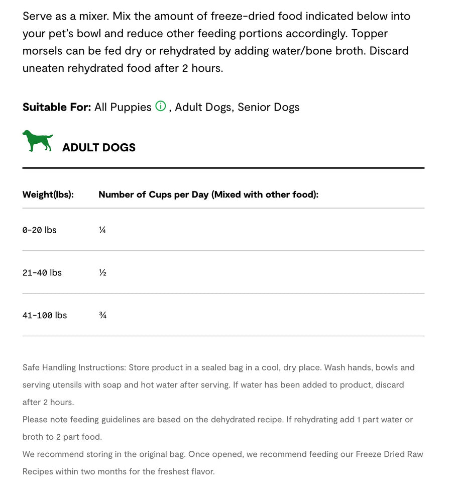 Feeding Guidelines for Open Farm Goodbowl Wild Caught Salmon Recipe Freeze Dried Raw Topper for Dogs.