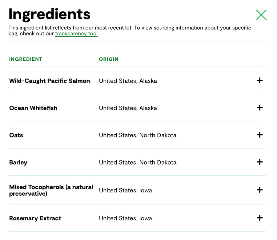 Ingredients list for Open Farm Goodbowl Wild Caught Salmon Recipe Freeze Dried Raw Topper for Dogs.