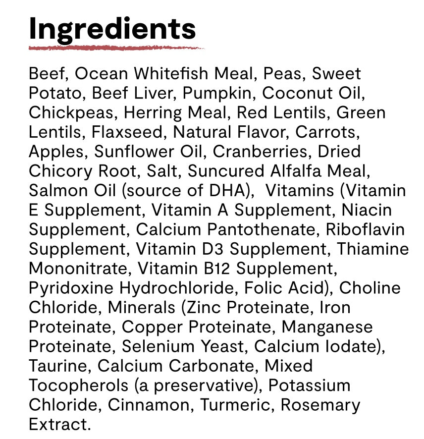 Ingredients list for Open Farm Grain Free Grass-Fed Beef Dry Dog Food.
