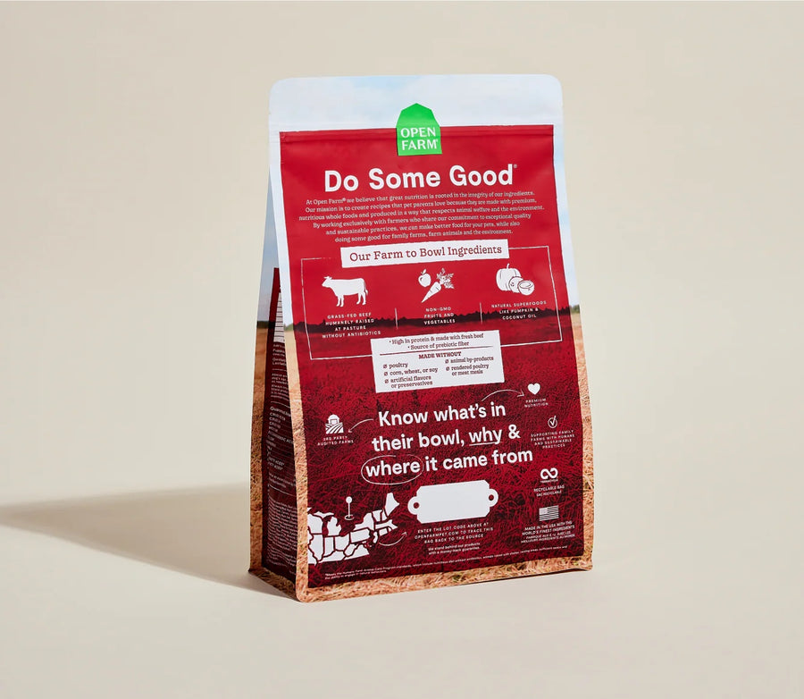 Open Farm Grain Free Grass-Fed Beef Dry Dog Food back of bag.