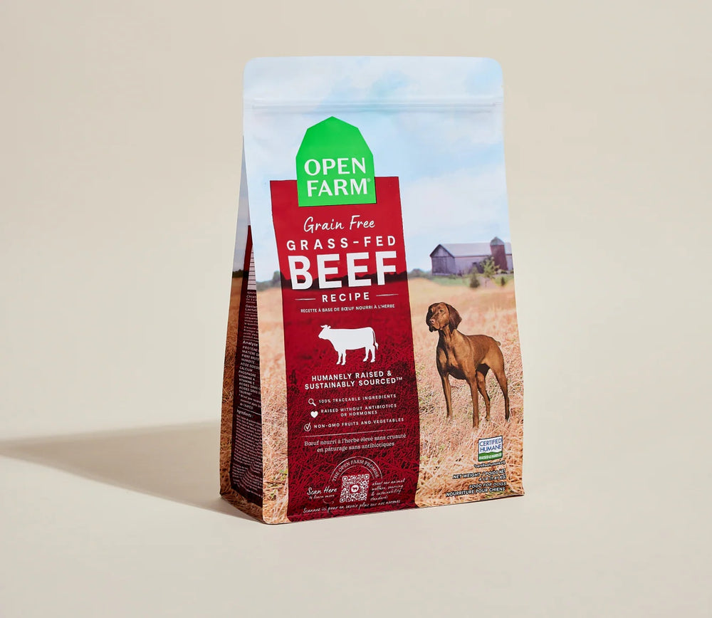 Open Farm Grain Free Grass-Fed Beef Dry Dog Food front of bag.